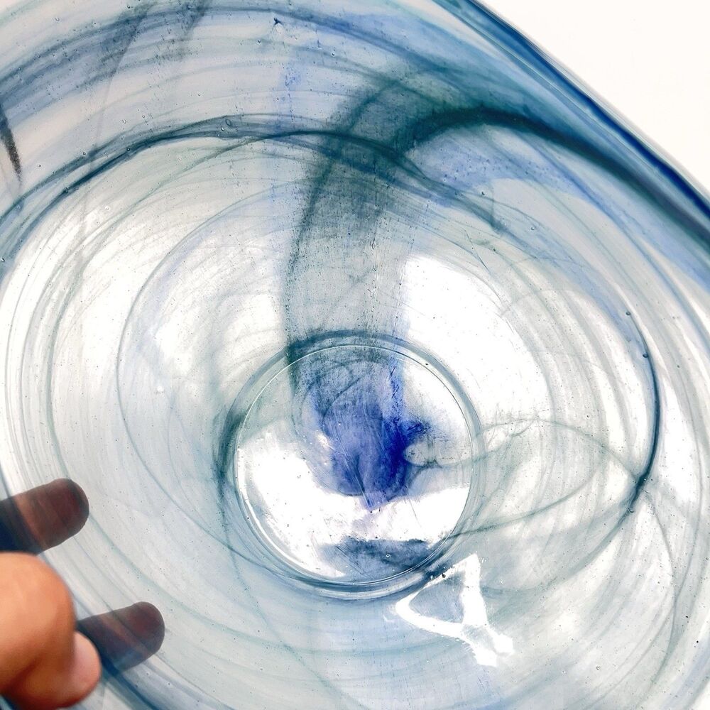 14"x7" Oval Blue Folded Satin Glass Bowl Lines Swirls - Picture 9 of 16